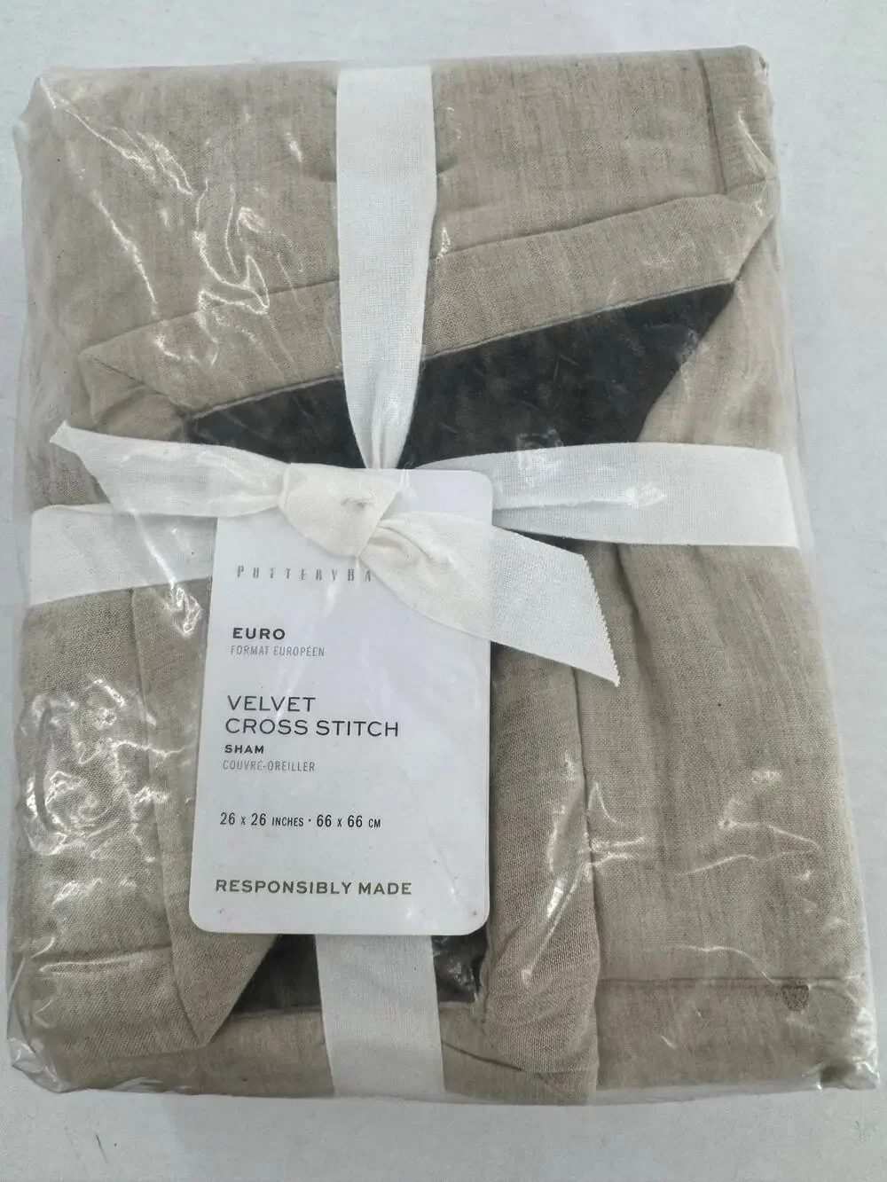 Pottery Barn Velvet Cross Stitch Euro Sham 26x26 Neutral Beige New in Package